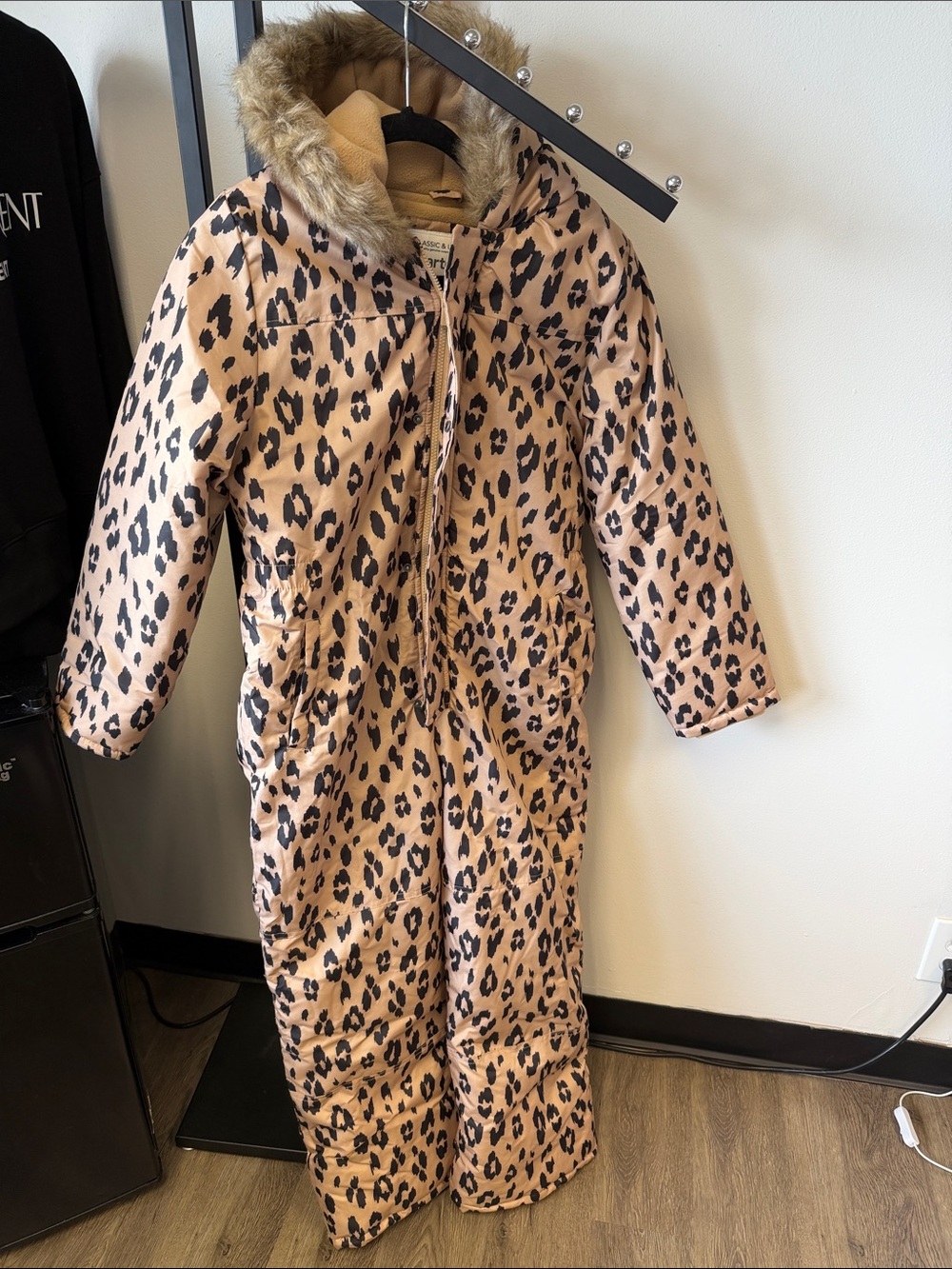 Kids Leopard Print Snowsuit with Faux Fur Hood